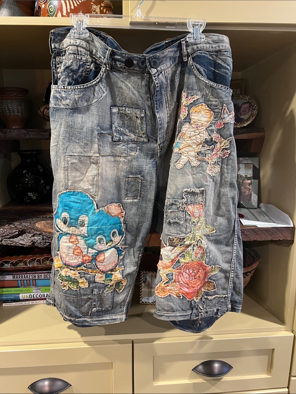 Embroidered Grey Wash Jean Shorts with Blue Cartoon Appliqué Jaded Gypsy